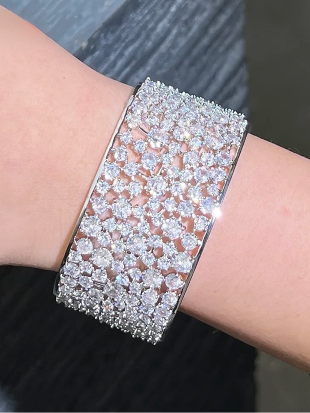 Boutique White Cubic Zircon Silver Large Wide Chain Bangles Bracelet